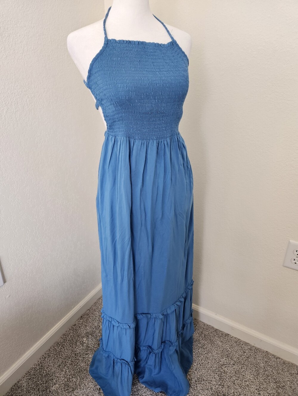 Boho Summer Blue Halter Smocked Maxi Dress